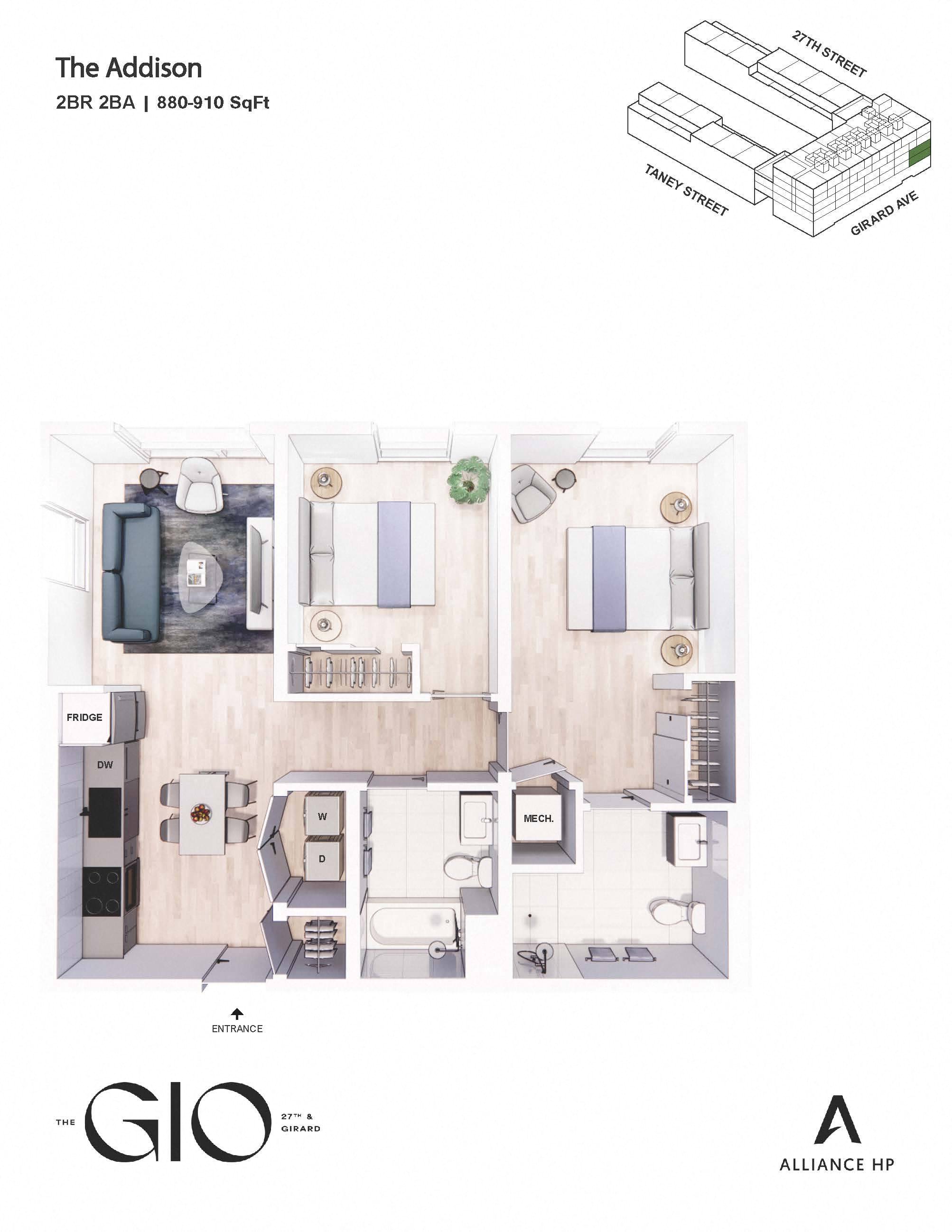 Floor plan for 2 beds, 2 baths, 910 sqft